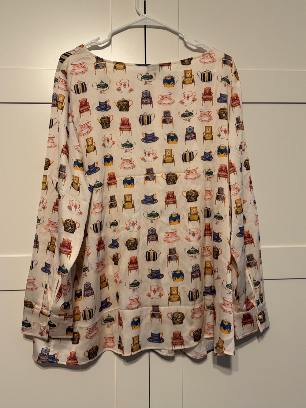 Talbots Cream Print Top with Multicolored Teacups and Chairs - Picture 3 of 5
